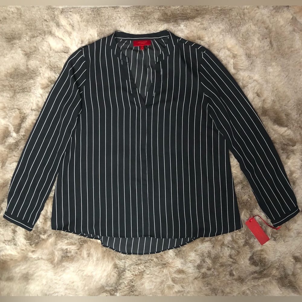 Jennifer Lopez Black & White Striped Long Sleeve V-Neck Tunic Top Blouse NWT